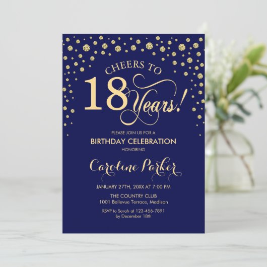 18e verjaardag Party uitnodiging - Gold Navy Blue (Staand voorkant)