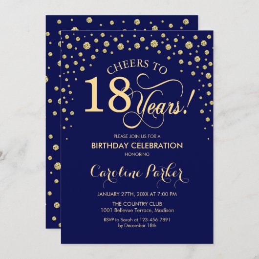 18e verjaardag Party uitnodiging - Gold Navy Blue (Voorkant / Achterkant)