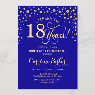 18e verjaardag Party uitnodiging - Gold Royal Blue
