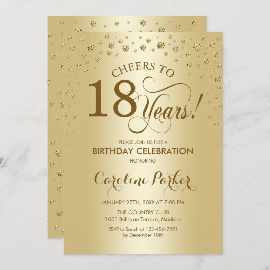 18e verjaardag Party uitnodiging - Goud (Voorkant / Achterkant)