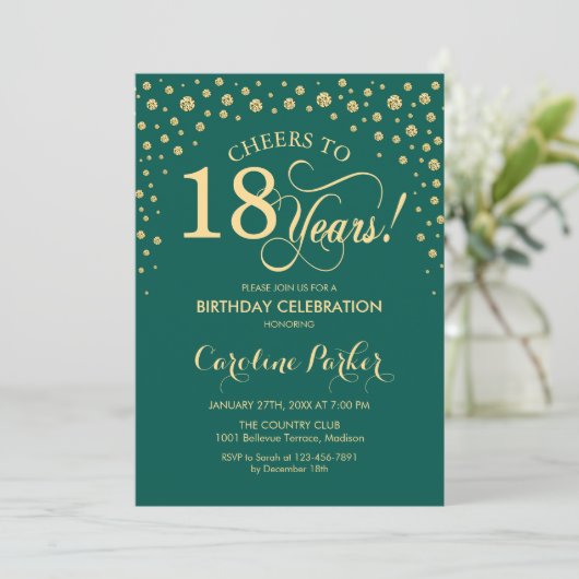 18e verjaardag Party uitnodiging - Goud Groen (Staand voorkant)