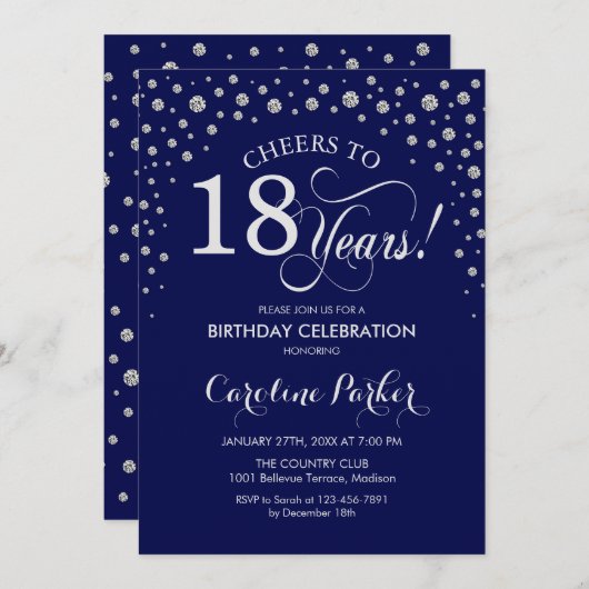 18e verjaardag Party uitnodiging - Silver Navy Blu (Voorkant / Achterkant)