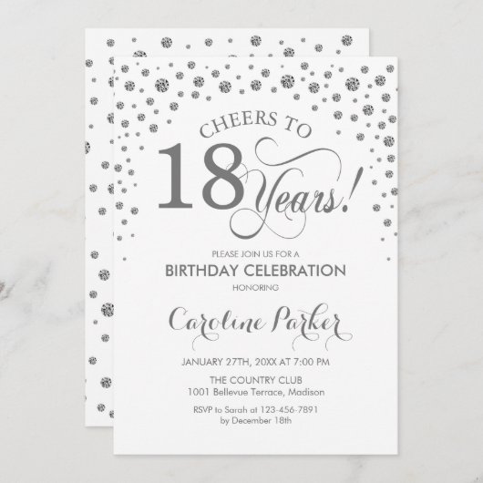 18e verjaardag Party uitnodiging - Zilver Wit (Voorkant / Achterkant)