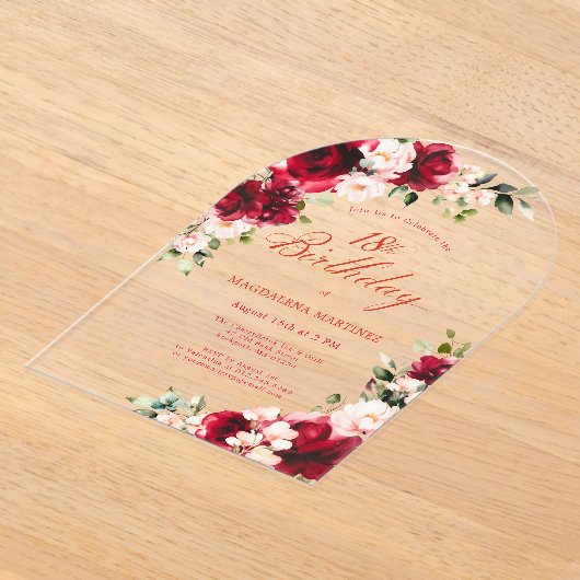 18e Verjaardag Red Rose Pink Peony Bloemenboog Acryl Uitnodigingen (Laagn)