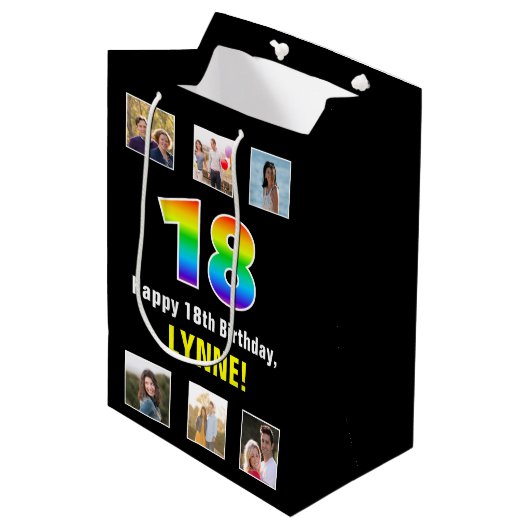 18e verjaardag: Regenboog "18", aangepaste foto's  Medium Cadeauzakje (Voorkant Gekanteld)