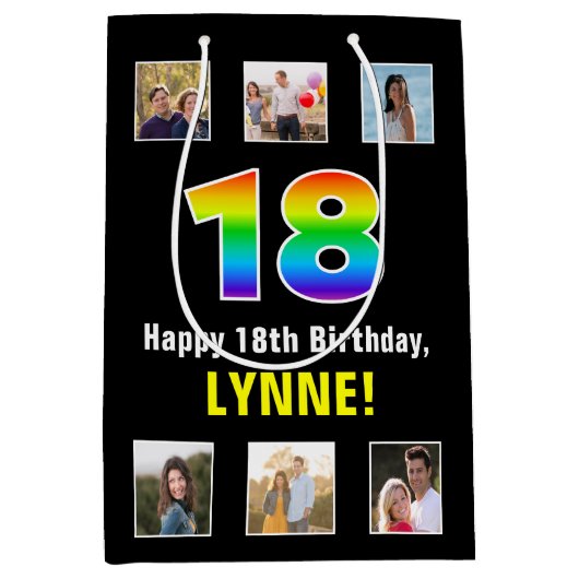 18e verjaardag: Regenboog "18", aangepaste foto's  Medium Cadeauzakje (Voorkant)