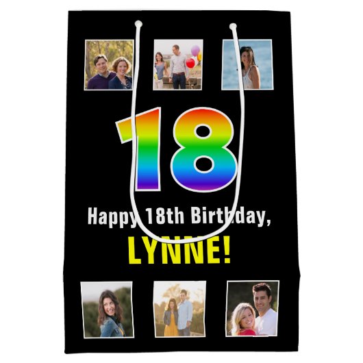 18e verjaardag: Regenboog "18", aangepaste foto's  Medium Cadeauzakje (Achterkant)