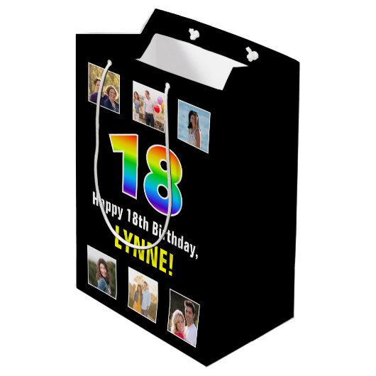 18e verjaardag: Regenboog "18", aangepaste foto's  Medium Cadeauzakje (Achterkant Gekanteld)