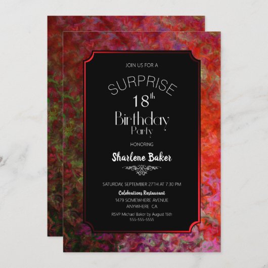 18e verjaardag Rode en zwarte verrassingspartij Kaart (Voorkant / Achterkant)