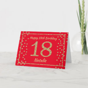 18e verjaardag Rood en Goud Glitter Confetti Kaart