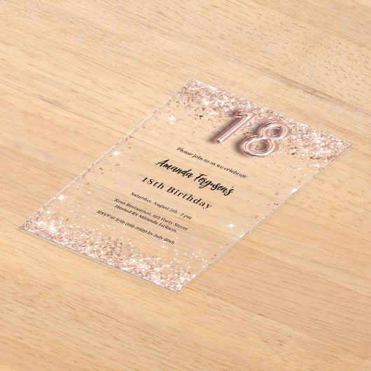 18e Verjaardag roos Gold Clear Party Acryl Uitnodigingen (Laagn)