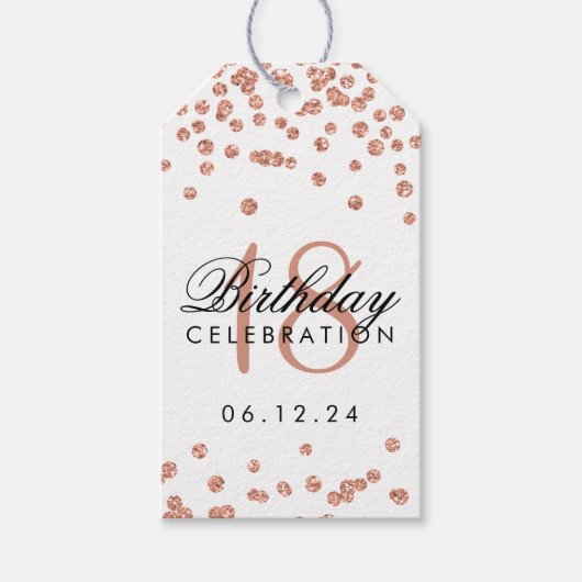 18e verjaardag Roos Gold Faux Glitter Confetti Cadeaulabel (Voorkant)