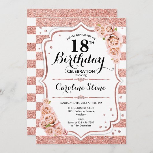 18e verjaardag - Roos Gold White Stripes Kaart (Voorkant / Achterkant)