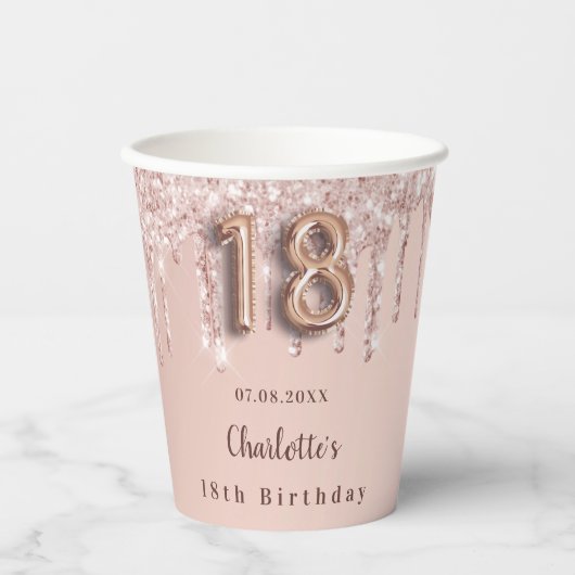 18e verjaardag roos goud glitter druppelt monogram papieren bekers (Voorkant)