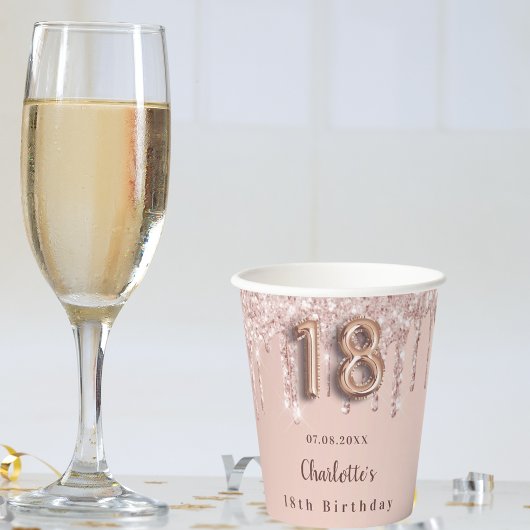 18e verjaardag roos goud glitter druppelt monogram papieren bekers