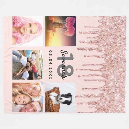 18e verjaardag: roos goud glitter druppelt naam fleece deken (Voorkant (Horizontaal))