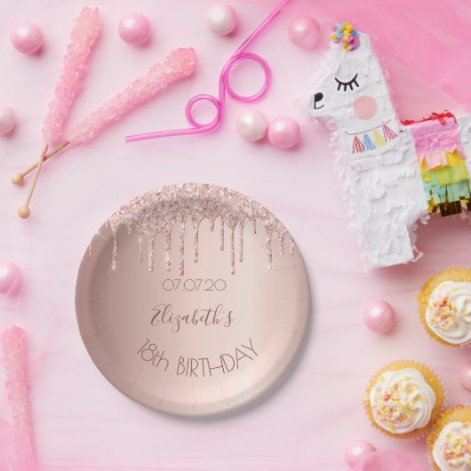 18e verjaardag: roos goud glitter druppelt naam papieren bordje (Feest)