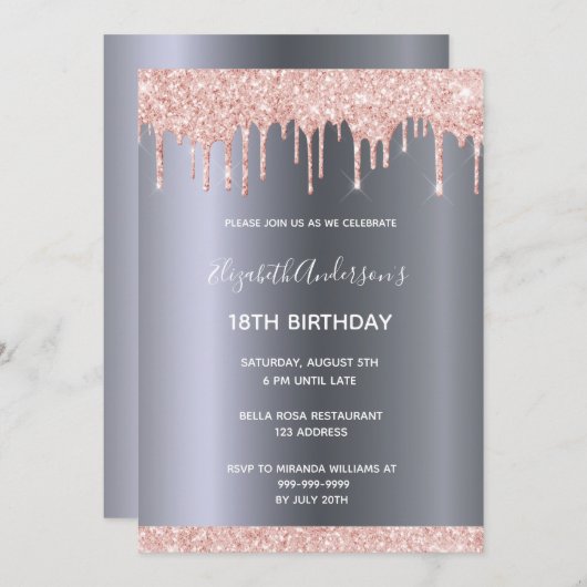 18e verjaardag roos goud glitter druppelt zilver kaart (Voorkant / Achterkant)