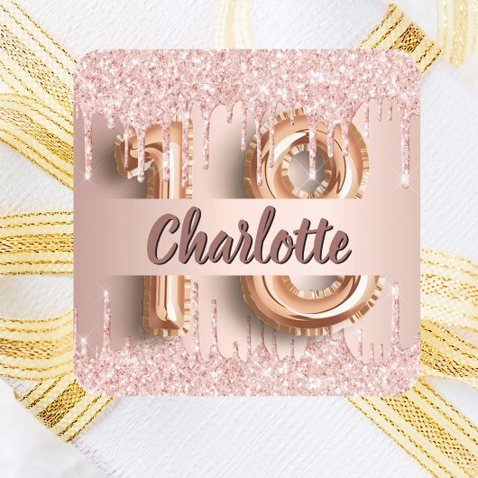 18e verjaardag roos goud glitter monogram luxe vierkante sticker
