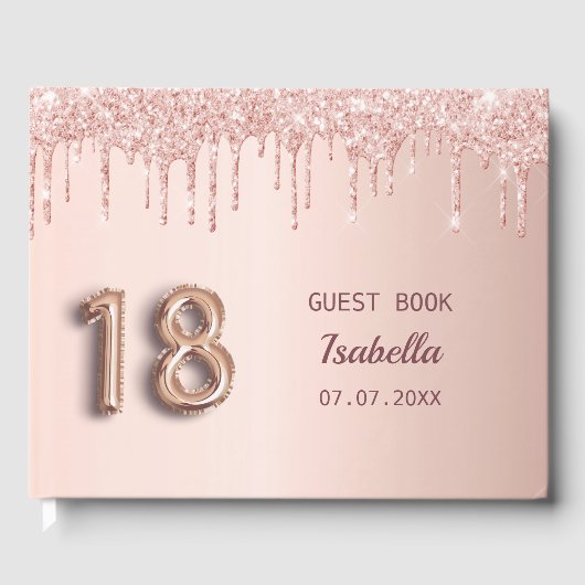 18e verjaardag roos goud glitter roze ballon gastenboek (Voorkant)
