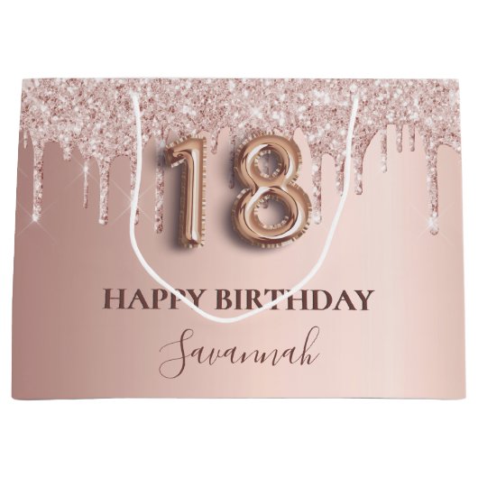 18e verjaardag roos goud glitter roze ballonstijl groot cadeauzakje (Voorkant)