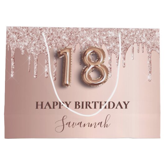 18e verjaardag roos goud glitter roze ballonstijl groot cadeauzakje (Achterkant)