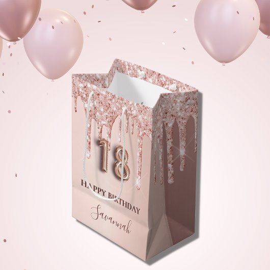 18e verjaardag roos goud glitter roze ballonstijl medium cadeauzakje
