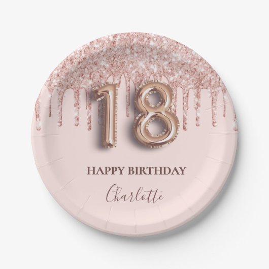 18e verjaardag roos goud glitter roze ballonstijl papieren bordje (Voorkant)
