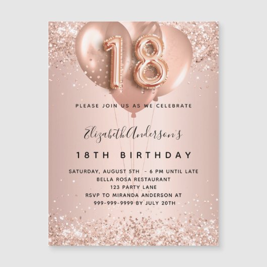 18e verjaardag roos gouden ballonnen luxe magnetische uitnodiging (Voorkant)