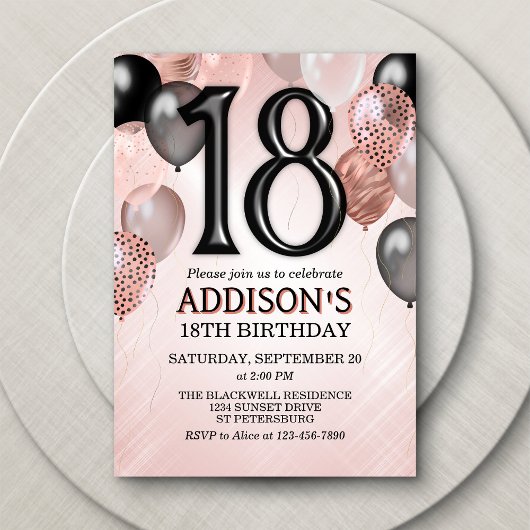 18e verjaardag Roos gouden ballonnen uitnodiging