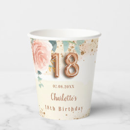 18e verjaardag roos gouden bloemen groen naam papieren bekers