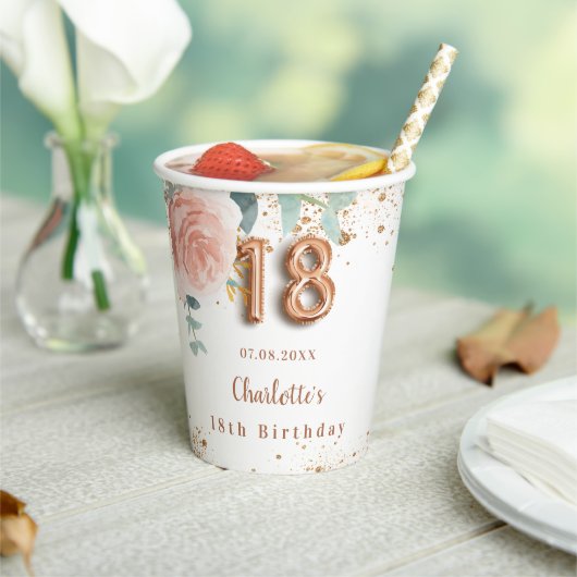 18e verjaardag roos gouden bloemen papieren bekers (Insitu)