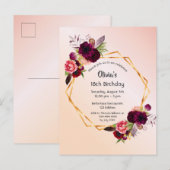 18e verjaardag roos gouden blozen florale uitnodig briefkaart (Voorkant / Achterkant)