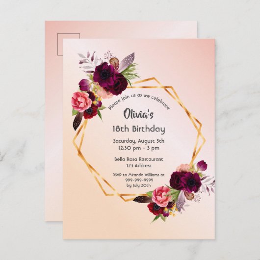 18e verjaardag roos gouden blozen florale uitnodig briefkaart (Voorkant / Achterkant)
