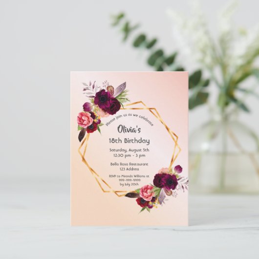 18e verjaardag roos gouden blozen florale uitnodig briefkaart (Staand voorkant)