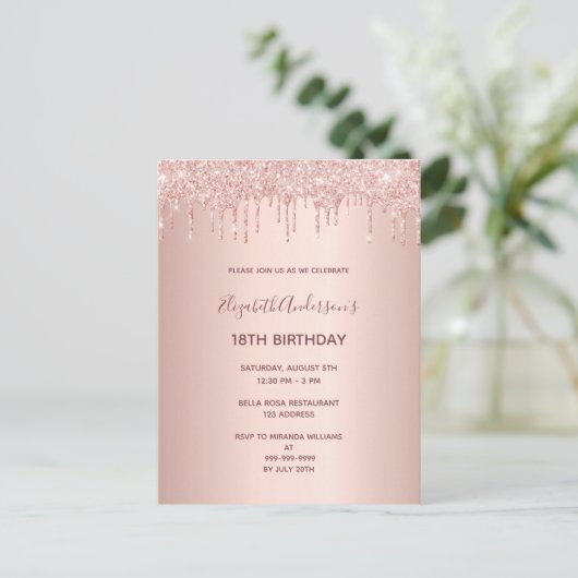 18e verjaardag roos gouden glitter drip uitnodigin briefkaart (Staand voorkant)