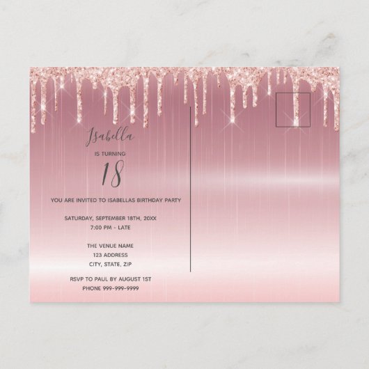 18e verjaardag roos gouden glitter drip uitnodigin briefkaart (Achterkant)