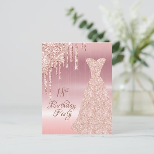 18e verjaardag roos gouden glitter drip uitnodigin briefkaart (Staand voorkant)