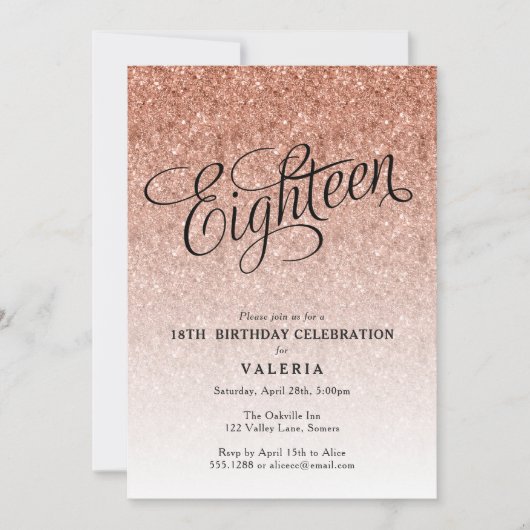 18e Verjaardag Roos Gouden Glitter Invitation Kaart (Voorkant)