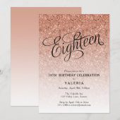 18e Verjaardag Roos Gouden Glitter Invitation Kaart (Voorkant / Achterkant)