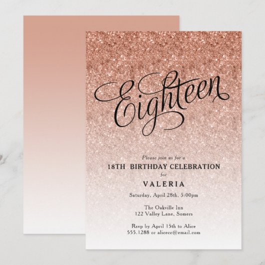 18e Verjaardag Roos Gouden Glitter Invitation Kaart (Voorkant / Achterkant)