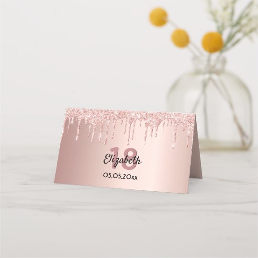 18e verjaardag roos gouden glitter roze glans plaatskaartje (Voorkant)