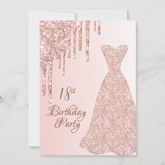 18e verjaardag roos gouden jurk glitter drip kaart (Voorkant)