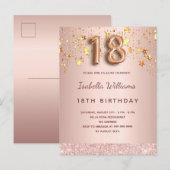 18e verjaardag roos gouden roze ballonscriptsterre briefkaart (Voorkant / Achterkant)