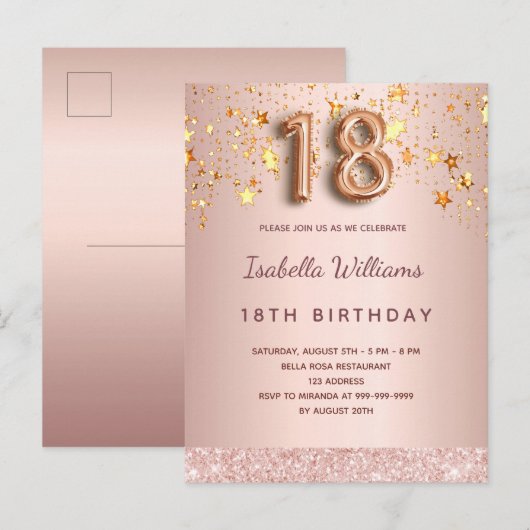 18e verjaardag roos gouden roze ballonscriptsterre briefkaart (Voorkant / Achterkant)
