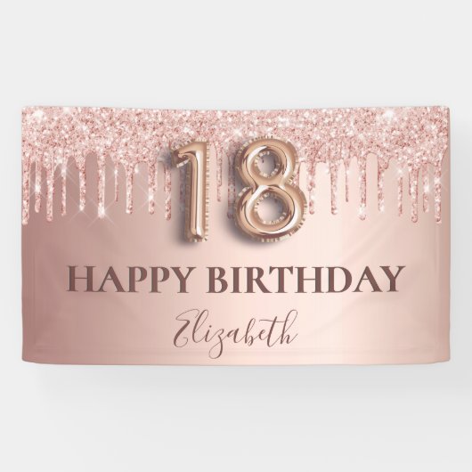 18e Verjaardag roos Gouden Roze Druppels Spandoek (Horizontaal)