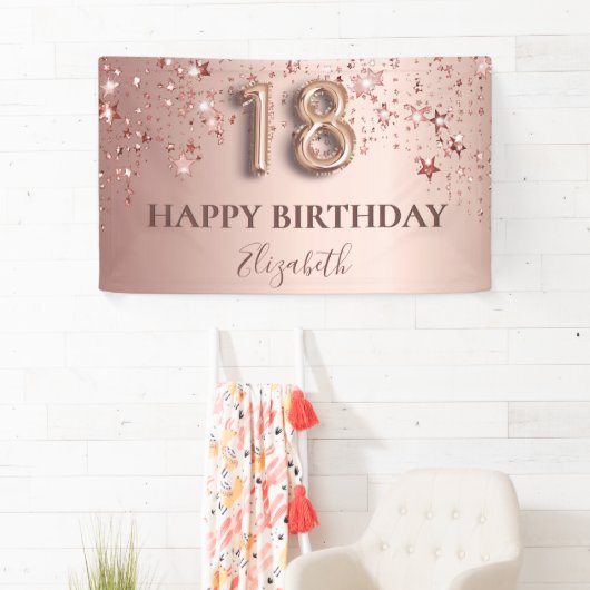 18e verjaardag roos gouden roze sterren ballonschr spandoek (Insitu)