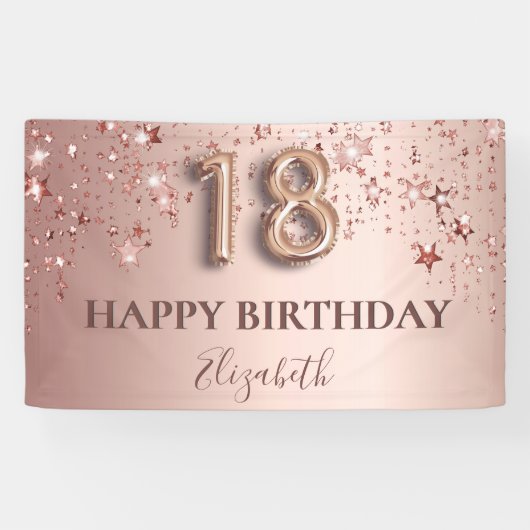 18e verjaardag roos gouden roze sterren ballonschr spandoek (Horizontaal)
