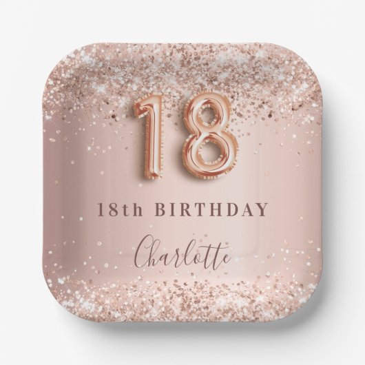 18e verjaardag roos gouden zwarte glitter naam papieren bordje (Voorkant)