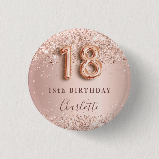 18e verjaardag roos gouden zwarte glitter naam tag ronde button 3,2 cm (Voorkant)